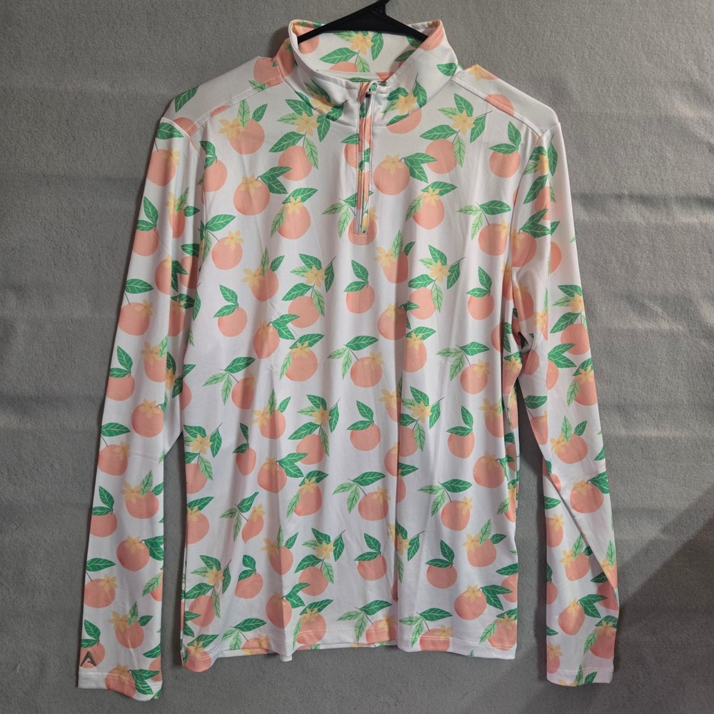 Antigua Womens Peach Citrus Fruit Print Quarter Zip Golf Pullover Top White Med